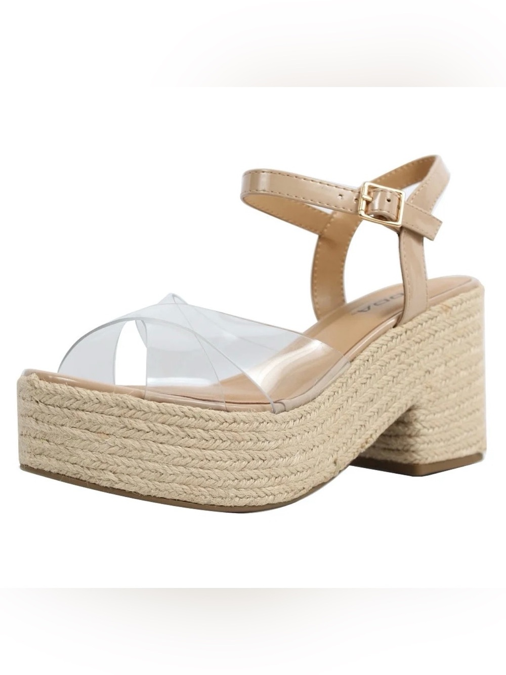Soda Nude Wedge Espadrille Sandals with Clear Straps